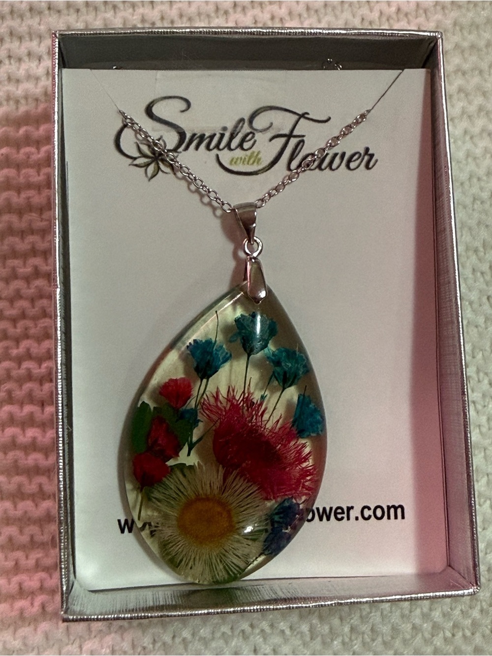 Teardrop Resin Pendant Necklace - Multicolor Floral silver S925